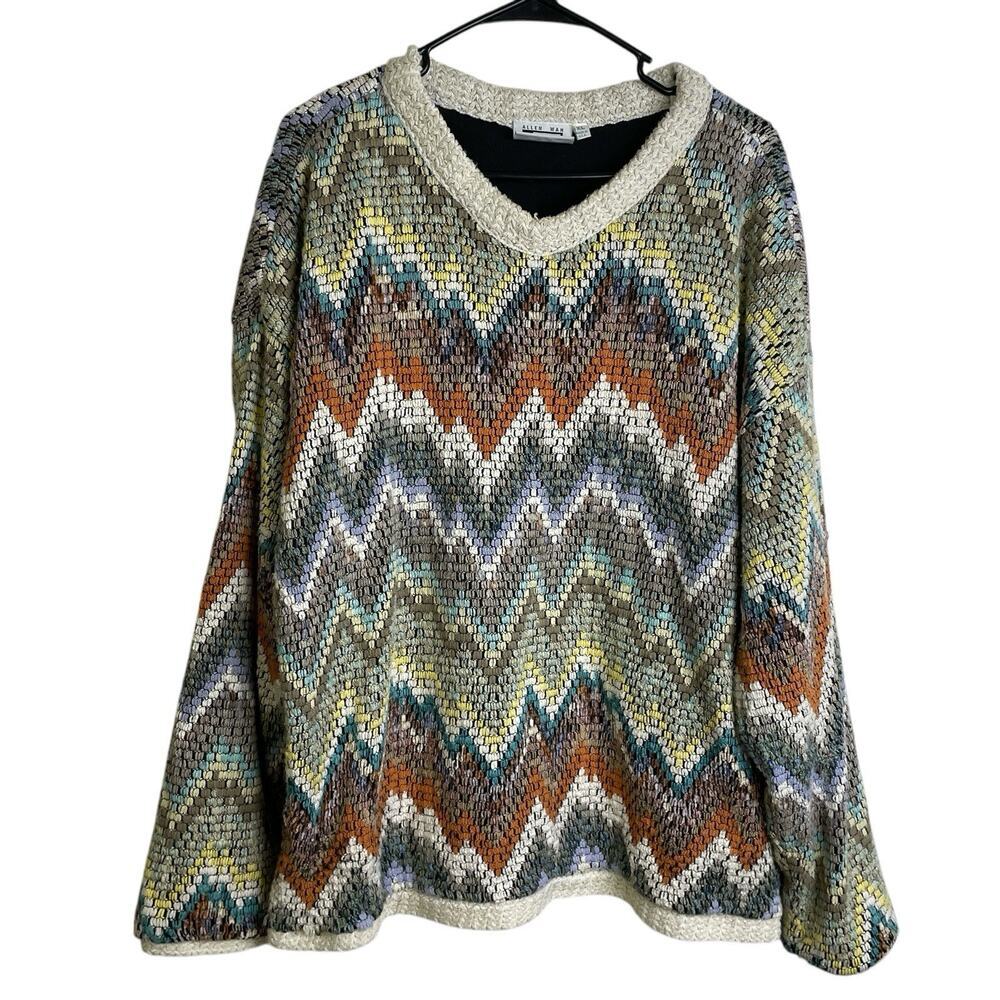 Vtg Allen Wah Colorful Sweater XL Mens Southwest Zig Zag Textured Knit Lined